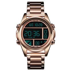 TONSHEN Herren Digital Uhren Luxus Fashion Edelstahl Uhr LED Elektronik Outdoor Multifunktional Alarm Stoppuhr Casual Sportuhr (Rosa) von TONSHEN