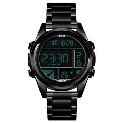 TONSHEN Herren Digital Uhren Luxus Fashion Edelstahl Uhr LED Elektronik Outdoor Multifunktional Alarm Stoppuhr Casual Sportuhr (Schwarz) von TONSHEN