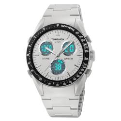 TONSHEN Herren Digitaluhr Sportuhr Outdoor Militär Wasserdicht Plastik Uhren LED Analog Quarz DREI Zeit Alarm Countdown Armbanduhr (Weiß) von TONSHEN