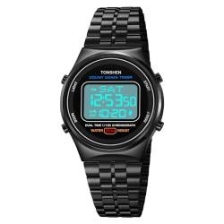 TONSHEN Herren Edelstahl Uhr Digital LED Elektronik Multifunktional Alarm Stoppuhr Sportuhr Uhren (Schwarz) von TONSHEN
