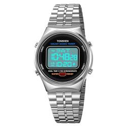 TONSHEN Herren Edelstahl Uhr Digital LED Elektronik Multifunktional Alarm Stoppuhr Sportuhr Uhren (Silber) von TONSHEN