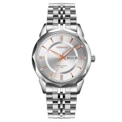 TONSHEN Herren Edelstahl Uhren Analog Quarz Datum Woche Polygonaler Bezel Armbanduhr (Silber) von TONSHEN