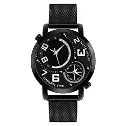 TONSHEN Herren Fashion Casual Edelstahl Uhren Analog Quarz Doppelte Zeit Armbanduhren (Schwarz) von TONSHEN