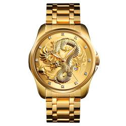 TONSHEN Herren Fashion Edelstahl Uhren Analog Quarz Datum Drache Armbanduhr (Gold) von TONSHEN