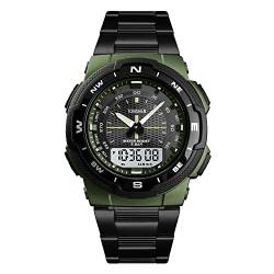 TONSHEN Herren Fashion Uhren Outdoor Militär Sportuhr LED Elektronik Digitaluhr Analog Quarz Double Zeit Armbanduhr 50M Wasserdicht Plastik Lünetten mit Edelstahl Band (Grün) von TONSHEN