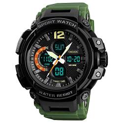 TONSHEN Herren Großes Digital Uhren Analog Quarz LED Elektronik DREI Zeit 50M Wasserdicht Outdoor Militär Sportuhr Alarm Datum Stoppuhr Plastik Armbanduhr (Grün) von TONSHEN