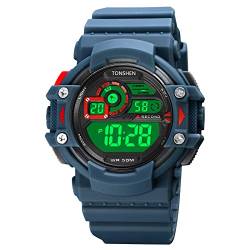 TONSHEN Herren LED Elektronik Digital Outdoor Sport Uhr Doppelte Zeit Alarm Stoppuhr Plastik Uhren 50M Wasserdicht (Blau) von TONSHEN