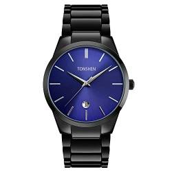 TONSHEN Herren Luxus Fashion Edelstahl Uhren Einfaches Stil Casual Analog Quarz Armbanduhr Datum (Blau) von TONSHEN