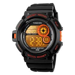 TONSHEN Herren Multifunktion Outdoor Militär Uhren Digitaluhr Sportuhr Mehrfarbig LED Licht 50M Wasserdicht Groß Plastik Lünetten mit Kautschuk Band Armbanduhr (Orange) von TONSHEN