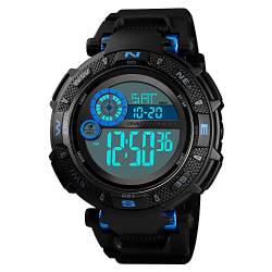 TONSHEN Herren Multifunktional Digital Uhren Outdoor Militär 50M Wasserdicht Sportuhr LED Elektronik Doppelte Zeit Alarm Stoppuhr Uhr Plastik Lünette mit Kautschuk Band (Blau) von TONSHEN