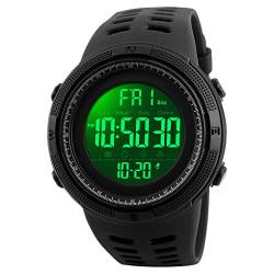 TONSHEN Herren Outdoor Sport Uhren Digitaluhr LED Elektronik Doppelte Zeit Alarm Stoppuhr Plastik Armbanduhr 50M Wasserdicht (Schwarz) von TONSHEN