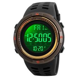 TONSHEN Herren Sport Uhr Wasserdicht LED Tactical Militär Armbanduhr Digital Uhr Doppel Zeit Kalender Alarm Stoppuhr EL Licht Uhren für Männer, Braun von TONSHEN