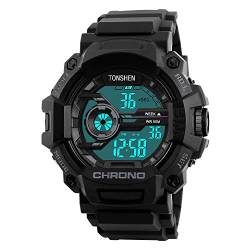 TONSHEN Herren Sport Uhren Digitaluhr 50M Wasserdicht Armbanduhr Outdoor Militär Tactical LED Licht Stoppuhr Alarm Mode Uhr Plastik mit Silikon Band (Schwarz) von TONSHEN