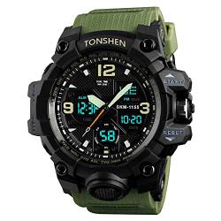 TONSHEN Herren Wasserdicht Digital Sport Uhren Multifunktional LED Elektronik Analog Quarz Double Zeit Outdoor Militär Stoppuhr Alarm Armbanduhren (Grün) von TONSHEN