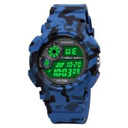 TONSHEN Herren und Damen Sport Digital 50M Wasserdicht Plastik Uhren LED Elektronik Litch Alarm Outdoor Armbanduhr Hintergrundbeleuchtung (Blau Camo) von TONSHEN