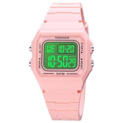 TONSHEN Herren und Damen Uhren Digitaluhr Sportuhr Elektronik Countdown Alarm Plastik Digital Sport Doppelte Zeit Wasserdicht Armbanduhr (Pink) von TONSHEN