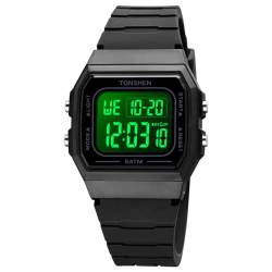 TONSHEN Herren und Damen Uhren Digitaluhr Sportuhr Elektronik Countdown Alarm Plastik Digital Sport Doppelte Zeit Wasserdicht Armbanduhr (Schwarz 2) von TONSHEN