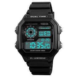 TONSHEN Herrenuhr 50M Wasserdicht Sportuhr LED Elektronik Digitaluhr Outdoor Militär Multifunktional Plastik Uhren und Kautschuk Band Armbanduhr (Schwarz) von TONSHEN