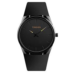 TONSHEN Herrenuhr Analog Quarz Edelstahl Lünette und Kautschuk Band Fashion Einfach Armbanduhr (Schwarz) von TONSHEN