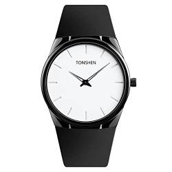 TONSHEN Herrenuhr Analog Quarz Edelstahl Lünette und Kautschuk Band Fashion Einfach Armbanduhr (Weiß) von TONSHEN