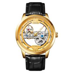 TONSHEN Herrenuhr Automatische Mechanisch Edelstahl Analog Uhren Leder Band Armbanduhr (Gold) von TONSHEN