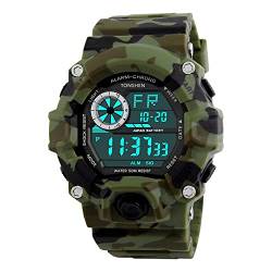 TONSHEN Herrenuhr Digital Sport Uhr 50M Wasserdicht Uhr LED Outdoor Militär Uhren Plastik Silikon Armbanduhr Wecker Uhren für Herren (Camo) von TONSHEN