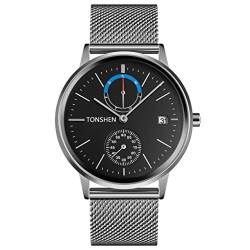 TONSHEN Herrenuhr Edelstahl Analog Quarz Fashion Datum Woche Uhren (Silber) von TONSHEN