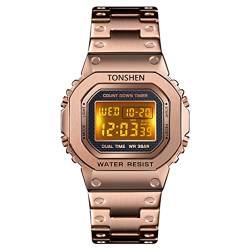 TONSHEN Herrenuhr Edelstahl Digitaluhr Sportuhr LED Elektronik Outdoor Multifunktional Doppelte Zeit Countdown Alarm Stoppuhr Uhren Casual Armbanduhr (Rose) von TONSHEN