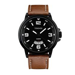 TONSHEN Herrenuhr Edelstahl Lünette Leder Band Uhren Kalender Analog Quarzuhr Armbanduhr (Brown) von TONSHEN