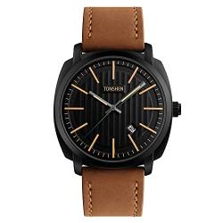 TONSHEN Herrenuhr Einfaches Design Analog Quarz Uhren Fashion Casual Edelstahl Lünette mit Leder Outdoor Sportuhr (Braun) von TONSHEN