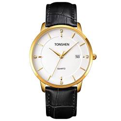 TONSHEN Herrenuhr Fashion Edelstahl Uhren Analog Quarz Datum Drache Armbanduhr Edelstahl/Leder Band (Weiß-Leder) von TONSHEN