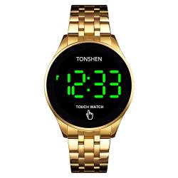 TONSHEN Herrenuhr LED Digitauhn Berühren LED Elektronik Beleuchtung Uhren Edelstahl Armbanduhr (Gold) von TONSHEN