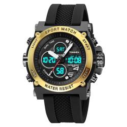 TONSHEN Herrenuhr Militäruhr Outdoor Uhren LED Elektronik Analog Quarz Double Zeit Wasserdicht Sportuhr Digitaluhr Multifunktional Uhr (Gold) von TONSHEN