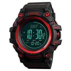 TONSHEN Herrenuhr Outdoor Sport Militär Digital Kompass Uhren Multifunktional Höhenmesser Thermometer Schrittzähler LED Double Zeit Plastik Armbanduhr (Rot) von TONSHEN