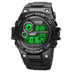 TONSHEN Herrenuhr Outdoor Sportuhr 50M Wasserdicht LED Elektronik Digitaluhr Doppelte Zeit Countdown Alarm Uhren Plastik Armbanduhr (Schwarz) von TONSHEN