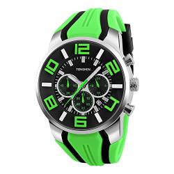 TONSHEN Herrenuhr Sport Uhr Weiche Silikon Band Edelstahl Lünette Analog Quarzuhr Doppel Zeit Schlichtes Uhren Datum Armbanduhr für Männer, Grün von TONSHEN