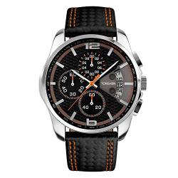 TONSHEN Herrenuhr Sportuhr Analog Uhr Leder Band mit Edelstahl Lünette Quarz Uhr Mode Klein Zifferblatt Doppel Zeit Datum Armbanduhr Casual Business Uhren (Orange) von TONSHEN