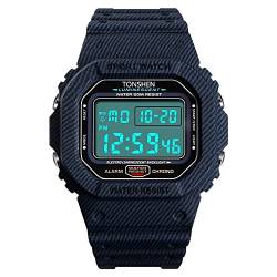 TONSHEN Herrenuhr Sportuhr Digitaluhr LED Elektronik Outdoor Militär 50M Wasserdicht Uhren Alarm Stoppuhr Digital Sport Armbanduhr (Jeans) von TONSHEN