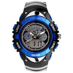 TONSHEN Kinderuhr Multifunktional Outdoor Militär Sportuhr 50M Wasserdicht Analog Quarz LED Doppelte Zeit Digital Uhren Plastik Lünetten und Kautschuk Band (Blau) von TONSHEN