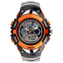 TONSHEN Kinderuhr Multifunktional Outdoor Militär Sportuhr 50M Wasserdicht Analog Quarz LED Doppelte Zeit Digital Uhren Plastik Lünetten und Kautschuk Band (Orange) von TONSHEN