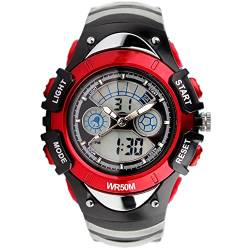 TONSHEN Kinderuhr Multifunktional Outdoor Militär Sportuhr 50M Wasserdicht Analog Quarz LED Doppelte Zeit Digital Uhren Plastik Lünetten und Kautschuk Band (Rot) von TONSHEN