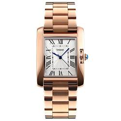 TONSHEN Luxus Fashion Damenuhr Rechteck Edelstahl Römische Nummer Casual Elegant Analog Quarz Uhren (Gold) von TONSHEN