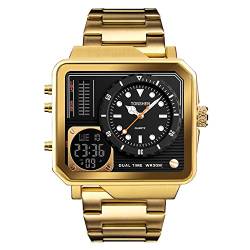 TONSHEN Luxus Fashion Herren Edelstahl Digital Uhren LED Elektronik Analog Quarz Double Zeit Outdoor Sportuhr Casual Groß Armbanduhr Alarm (Gold) von TONSHEN