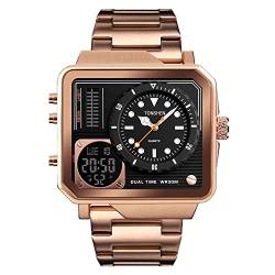 TONSHEN Luxus Fashion Herren Edelstahl Digital Uhren LED Elektronik Analog Quarz Double Zeit Outdoor Sportuhr Casual Groß Armbanduhr Alarm (Rose) von TONSHEN