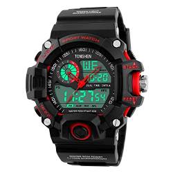 TONSHEN Männer LED Digital Uhr Sportuhr Analog Quarzuhr Wasserdicht Armbanduhr Militär Tactical Uhren Lichter Datum Alarm Multifunktion (Rot) von TONSHEN