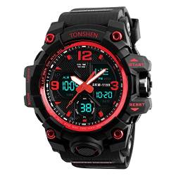 TONSHEN Männer LED Digital Uhren 50M Wasserdicht Rot Plastik Lünette Silikon Band Alarm Analog Quarz Armbanduhr Outdoor Militär Sportuhr Herrenuhr von TONSHEN