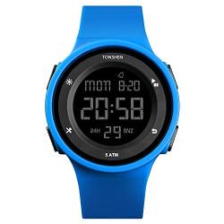 TONSHEN Outdoor Sport Uhren Herrenuhr Damenuhr 50M Wasserdicht Digitaluhr LED Elektronik Doppelte Zeit Countdown Alarm Stoppuhr Militär Einfach Armbanduhr (Blau) von TONSHEN