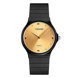 TONSHEN Unisex Analog Quarz Uhren Herrenuhr Damenuhr Fashion Casual Plastik Lünette mit Kautschuk Band Armbanduhren (Gold) von TONSHEN