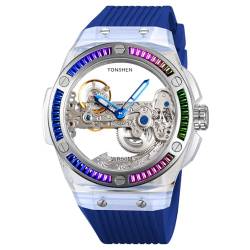 TONSHEN Unisex Automatische Mechanisch Edelstahl Analog Uhren Armbanduhr Gummi Band 5ATM Wasserdicht (Blau) von TONSHEN