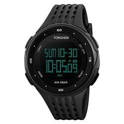 TONSHEN Unisex Digitaluhr Outdoor Sportuhr 50M Wasserdicht Armbanduhr Militär Tactical Uhren Plastik mit Silikon, Schwarz von TONSHEN